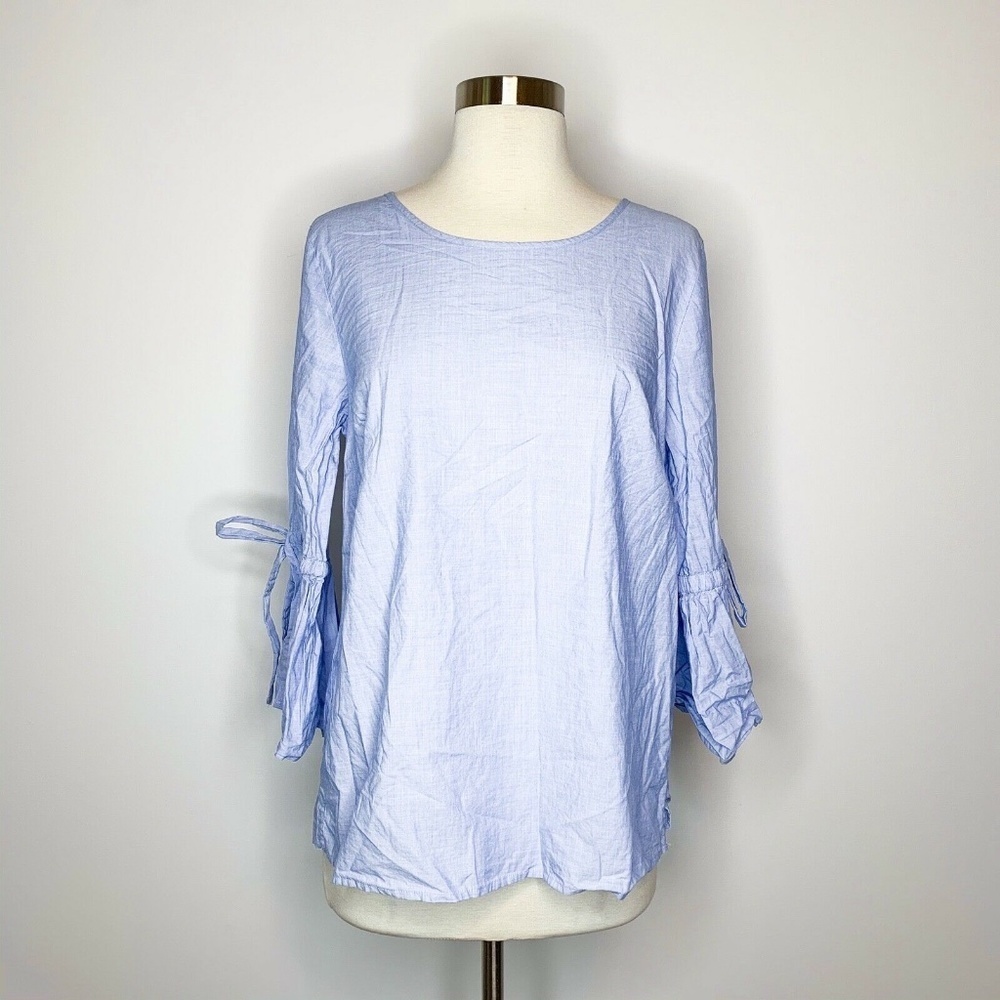 J.Crew Factory Top Women‎ Medium Light Blue Bell Sleeve Ties Round Neck